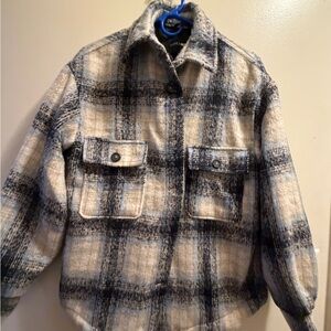 Fashion Nova Women's Plaid Jacket - Navy and Cream